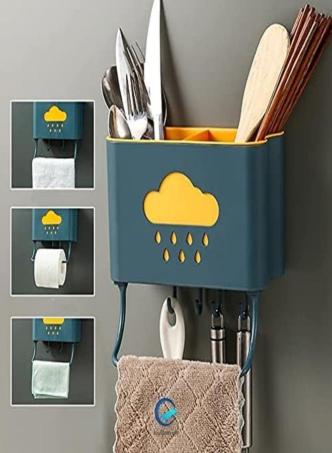 SMARAN Self-Adhesive Kitchen Cutlery Holder with Towel Bar & 4 Hooks - Raindrop Design Wall Mounted Utensil Organizer (Pack of 1) - Image 3