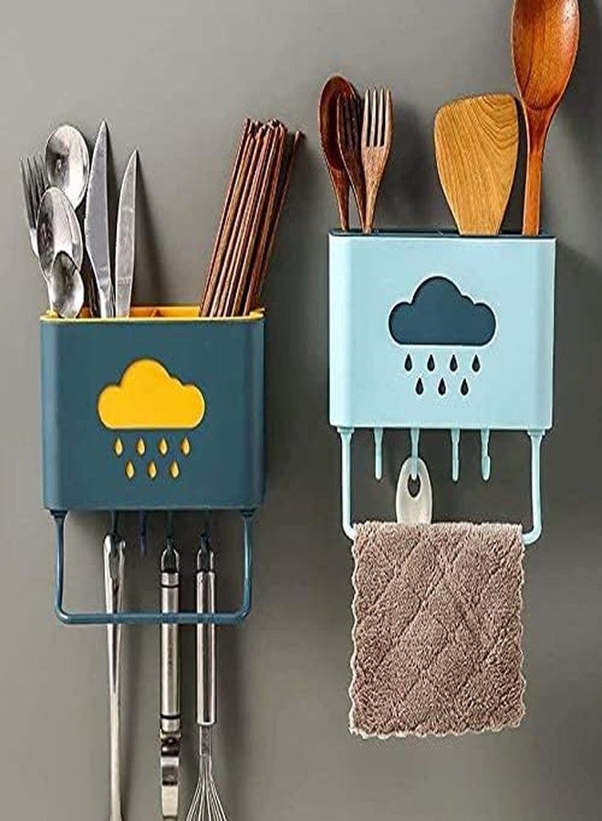SMARAN Self-Adhesive Kitchen Cutlery Holder with Towel Bar & 4 Hooks - Raindrop Design Wall Mounted Utensil Organizer (Pack of 1) - Image 4