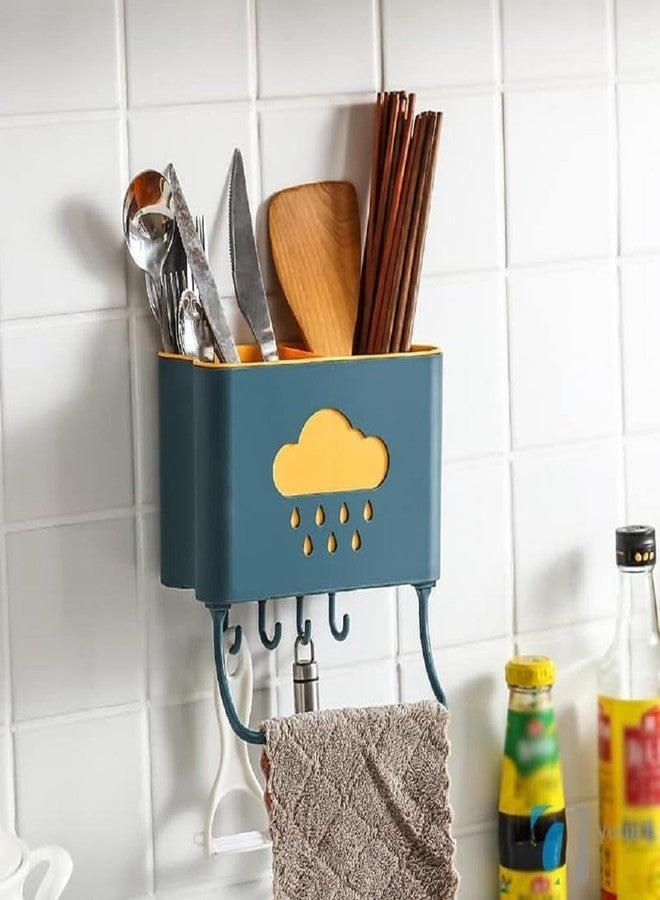 SMARAN Self-Adhesive Kitchen Cutlery Holder with Towel Bar & 4 Hooks - Raindrop Design Wall Mounted Utensil Organizer (Pack of 1) - Image 1