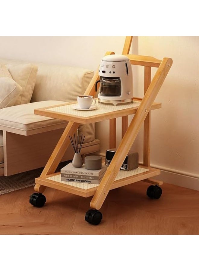 Foldable Bamboo Serving Trolley Cart with Wheels – 2 Tier Rolling Utility Cart for Kitchen, Dining, Tea Serving, Restaurant & Hospitality Use - Image 1
