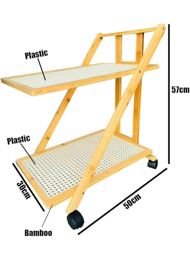 Foldable Bamboo Serving Trolley Cart with Wheels – 2 Tier Rolling Utility Cart for Kitchen, Dining, Tea Serving, Restaurant & Hospitality Use - Image 3