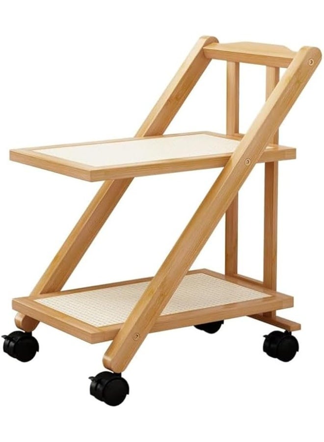 Foldable Bamboo Serving Trolley Cart with Wheels – 2 Tier Rolling Utility Cart for Kitchen, Dining, Tea Serving, Restaurant & Hospitality Use - Image 2