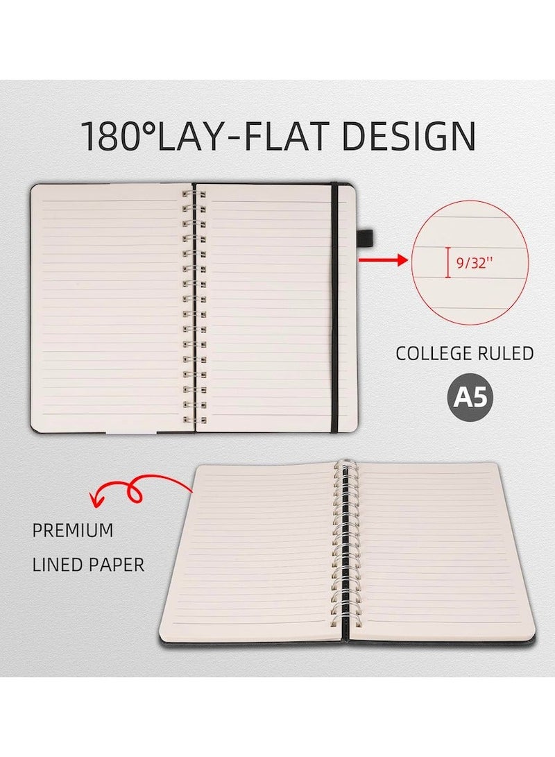 SUZZ A5 Hardcover Spiral Notebook 200 Pages, 80GSM College Ruled Leather with Pen Holder Notebook Journals for Work, School and Journal, Black - Image 2