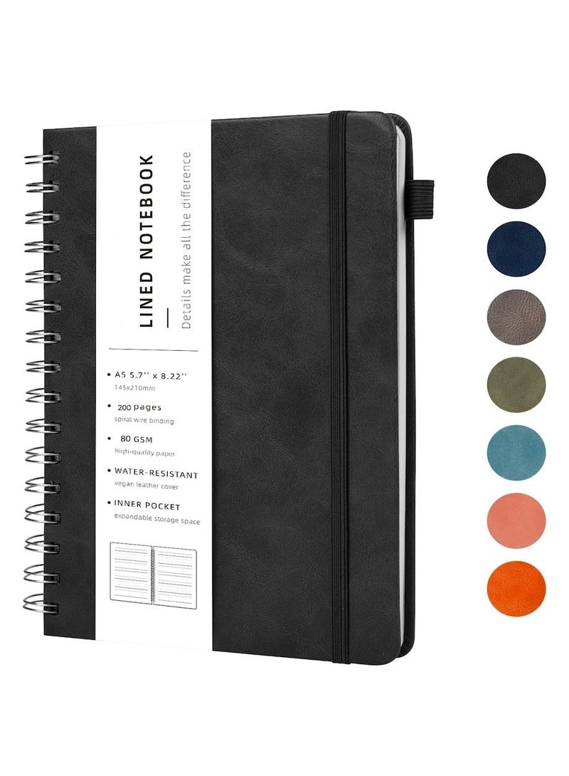 SUZZ A5 Hardcover Spiral Notebook 200 Pages, 80GSM College Ruled Leather with Pen Holder Notebook Journals for Work, School and Journal, Black - Image 1