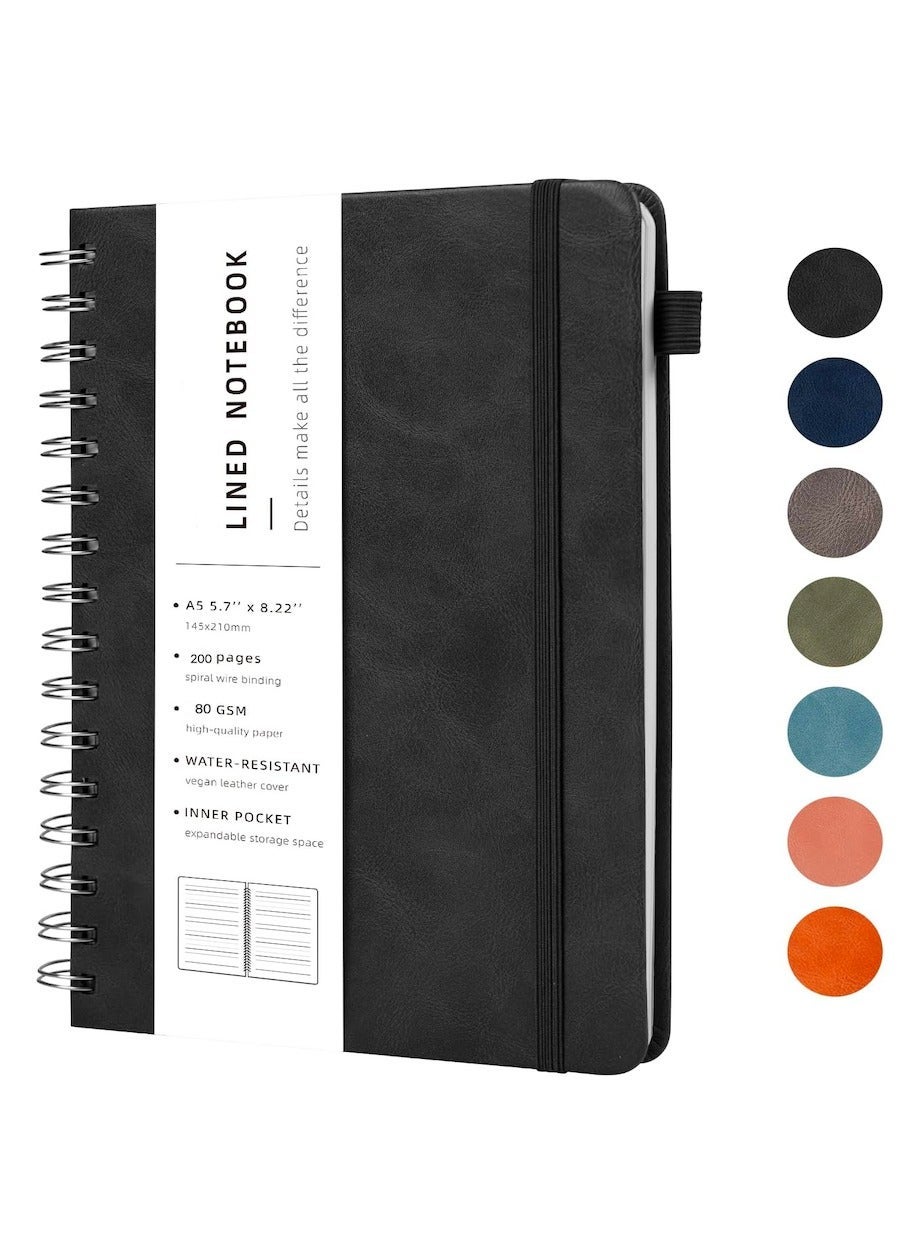 A5 Hardcover Spiral Notebook 200 Pages, 80GSM College Ruled Leather with Pen Holder Notebook Journals for Work, School and Journal, Black