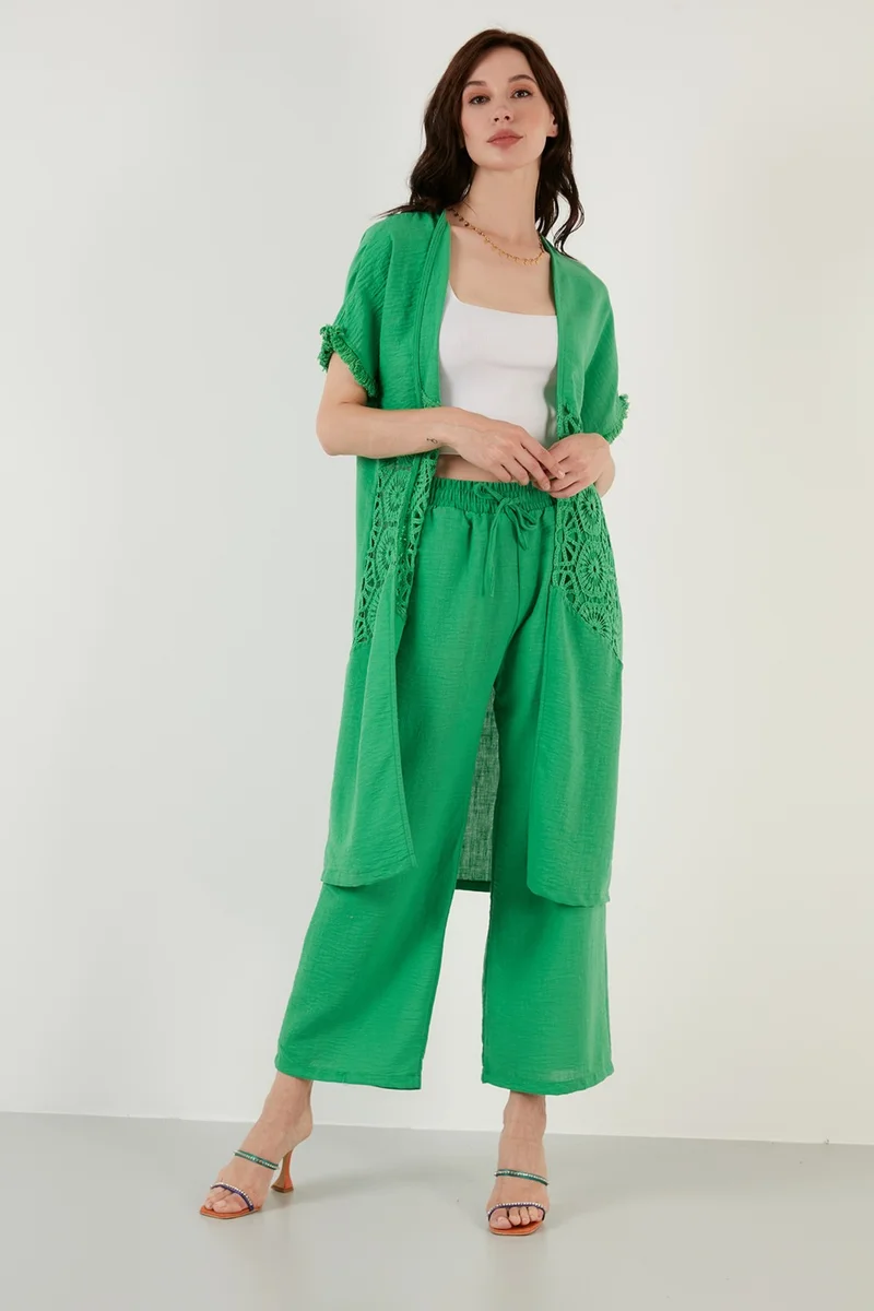 ليلا Linen Comfortable Fit Pocket Knitted Detailed Wide Leg Kimono Set Women's Set 42190429