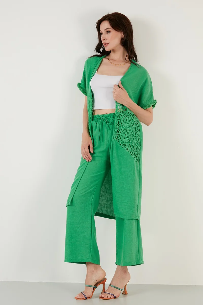 ليلا Linen Comfortable Fit Pocket Knitted Detailed Wide Leg Kimono Set Women's Set 42190429