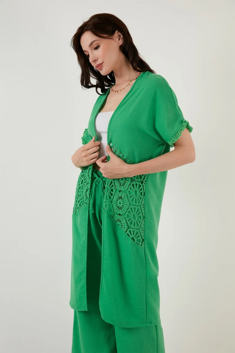 ليلا Linen Comfortable Fit Pocket Knitted Detailed Wide Leg Kimono Set Women's Set 42190429