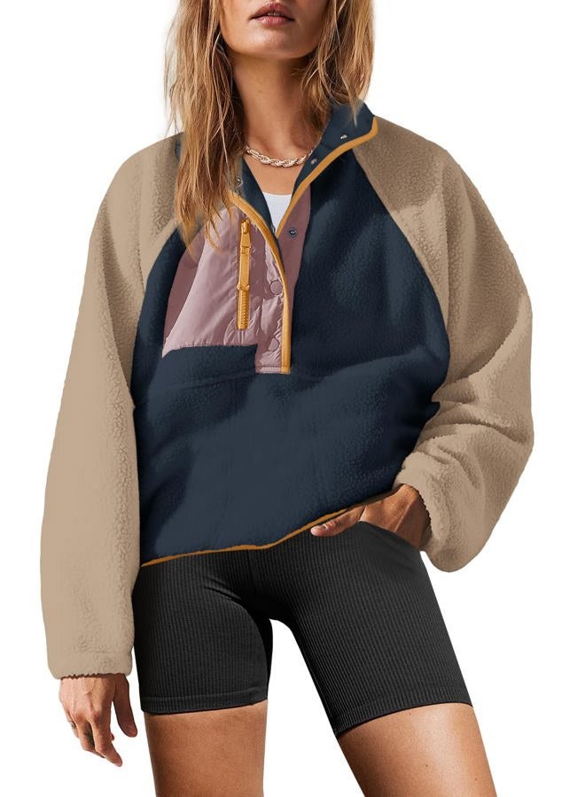 Yanekop Womens Fuzzy Fleece Pullover Sherpa Sweatshirt Long Sleeve Button Down Sweater Jacket, Navy Khaki, XS - Image 1