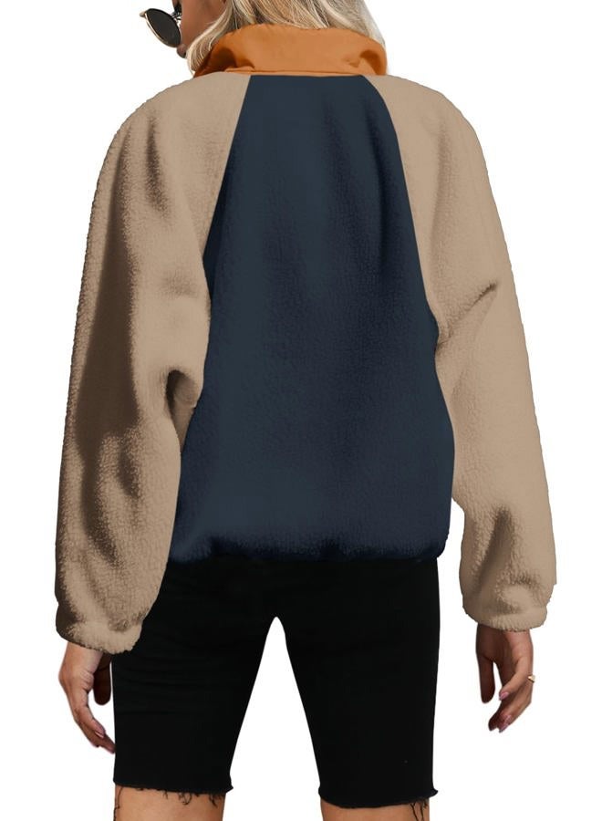 Yanekop Womens Fuzzy Fleece Pullover Sherpa Sweatshirt Long Sleeve Button Down Sweater Jacket, Navy Khaki, XS - Image 2