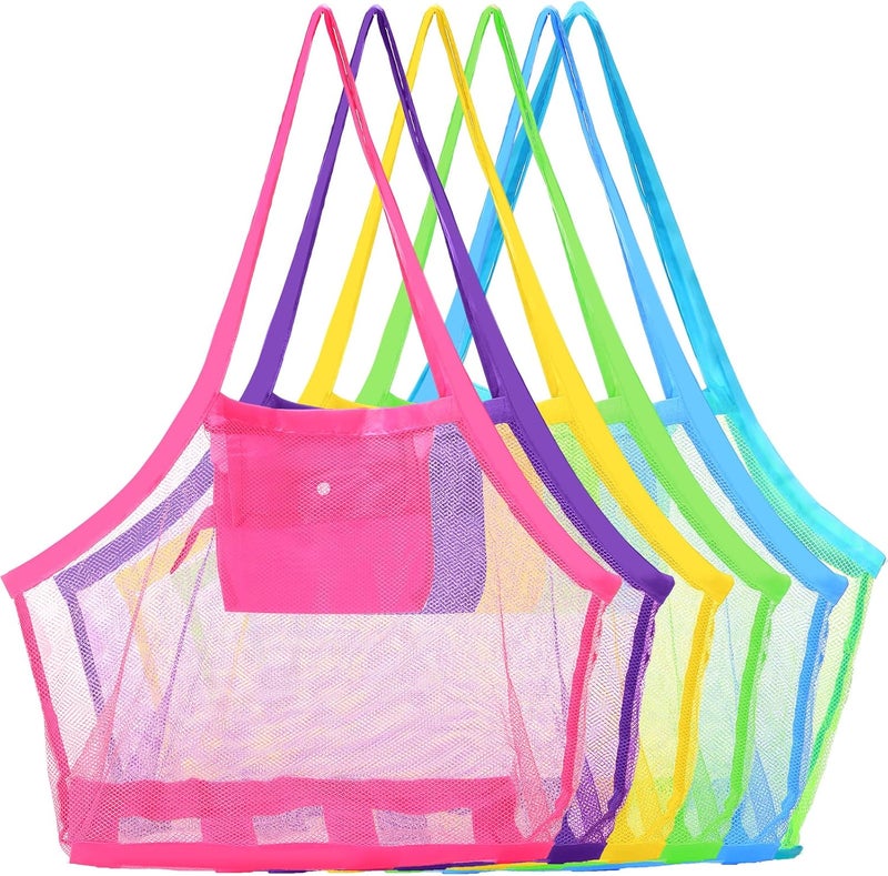 Woanger Woanger 6 Pcs Summer Mesh Beach Bag Extra Large Toy Gear Foldable Bags and Totes for Children Toddler Beach Toys Market Grocery Picnic Vacation Storage 18 x 12 x 18 - Image 1