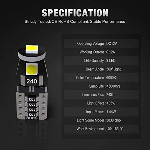 KAFEEK 20x T10 Wedge 194 168 2825 W5W LED Bulbs, Super Bright 3-3030 Chipset, CAN-Bus Error Free, Interior Lights, License Plate Dome Map Door Courtesy Park Lights,Xenon White - Image 5