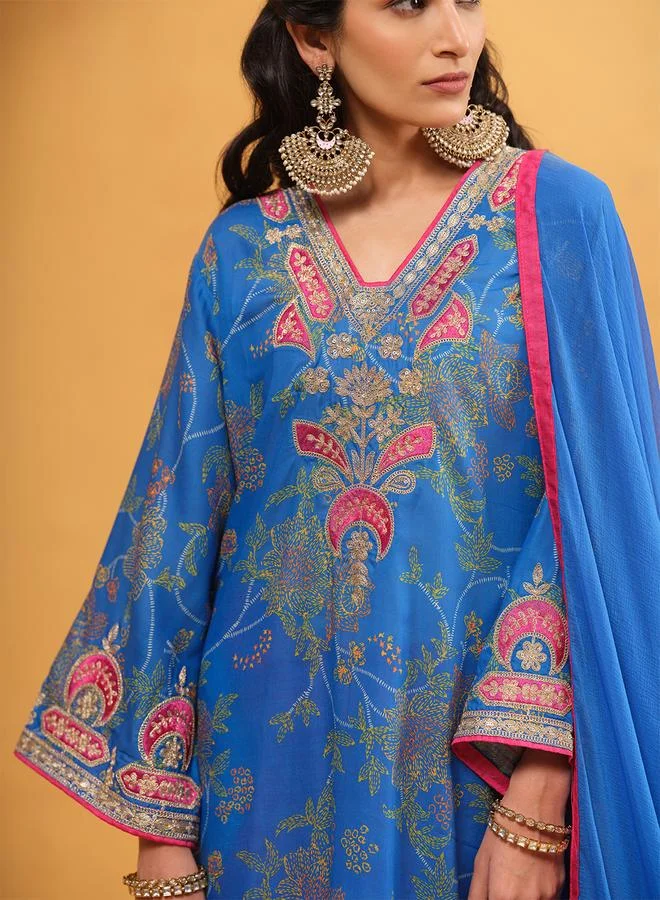 ISHIN Women's Blue Cotton Embellished Tunic Upperwear Calf Length Palazzo Bottomwear Straight Fit 3 Peice Kurta Set