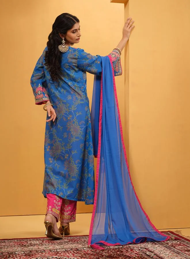 ISHIN Women's Blue Cotton Embellished Tunic Upperwear Calf Length Palazzo Bottomwear Straight Fit 3 Peice Kurta Set