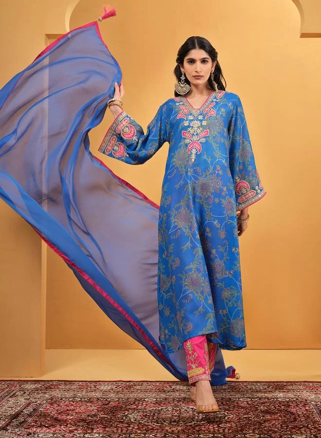 ISHIN Women's Blue Cotton Embellished Tunic Upperwear Calf Length Palazzo Bottomwear Straight Fit 3 Peice Kurta Set