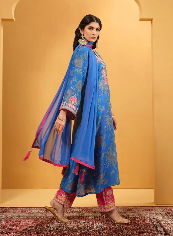 ISHIN Women's Blue Cotton Embellished Tunic Upperwear Calf Length Palazzo Bottomwear Straight Fit 3 Peice Kurta Set