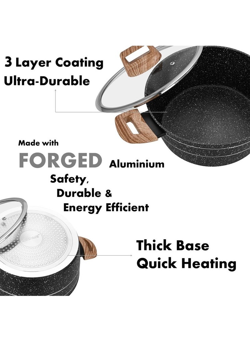 Auroware Non Stick 28cm Casserole with Glass Lid Black Forged Aluminium Dishwasher safe Durable and Strong Wooden Finish Handle - Image 2