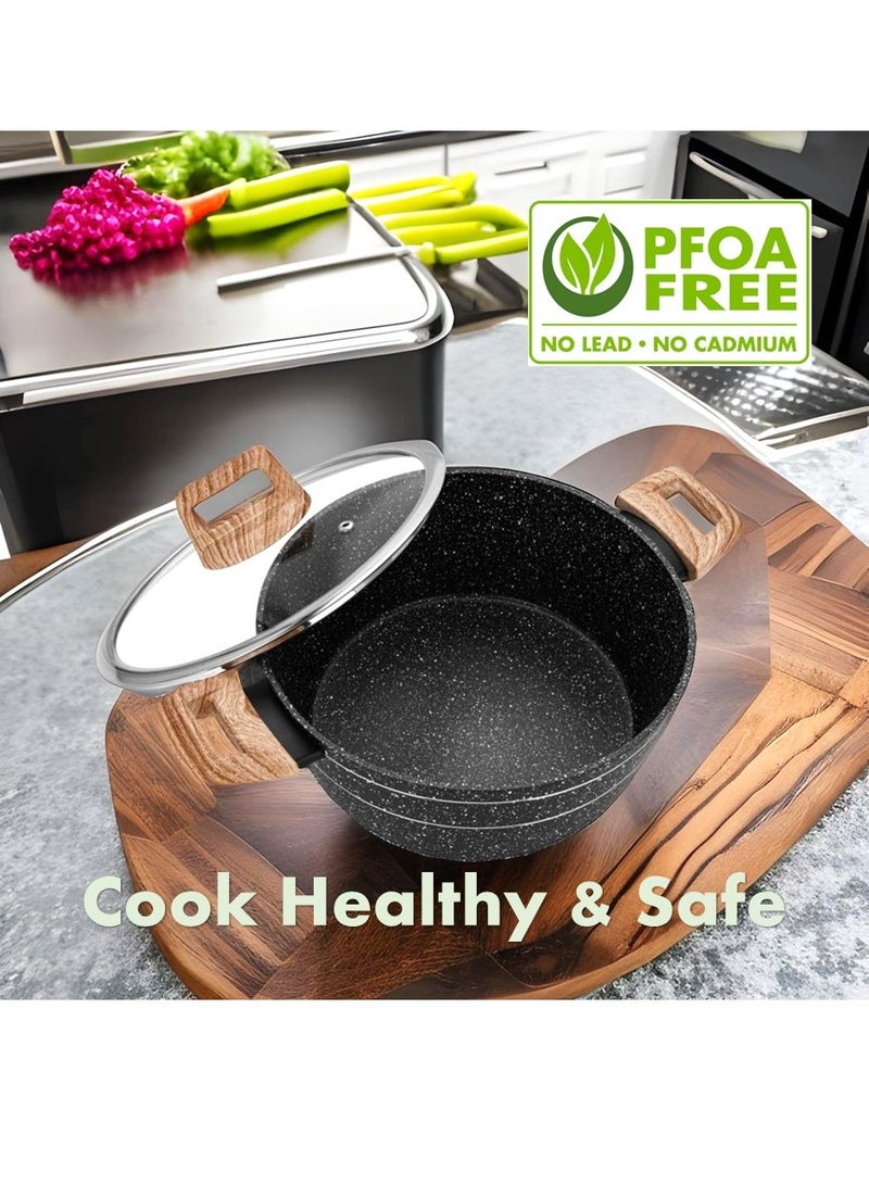 Auroware Non Stick 28cm Casserole with Glass Lid Black Forged Aluminium Dishwasher safe Durable and Strong Wooden Finish Handle - Image 3