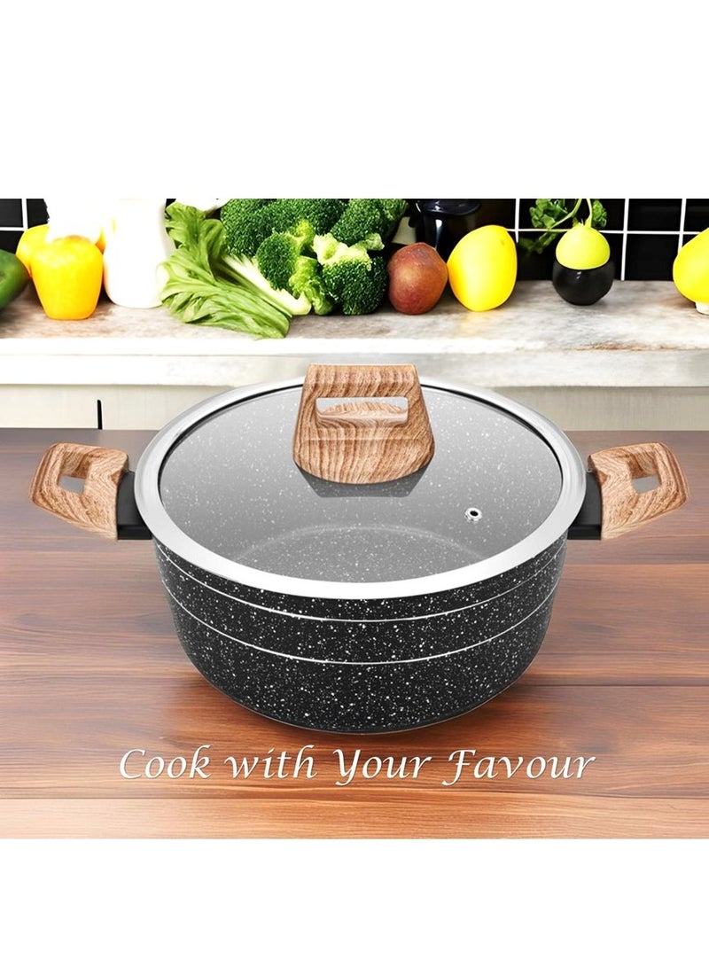 Auroware Non Stick 28cm Casserole with Glass Lid Black Forged Aluminium Dishwasher safe Durable and Strong Wooden Finish Handle - Image 4