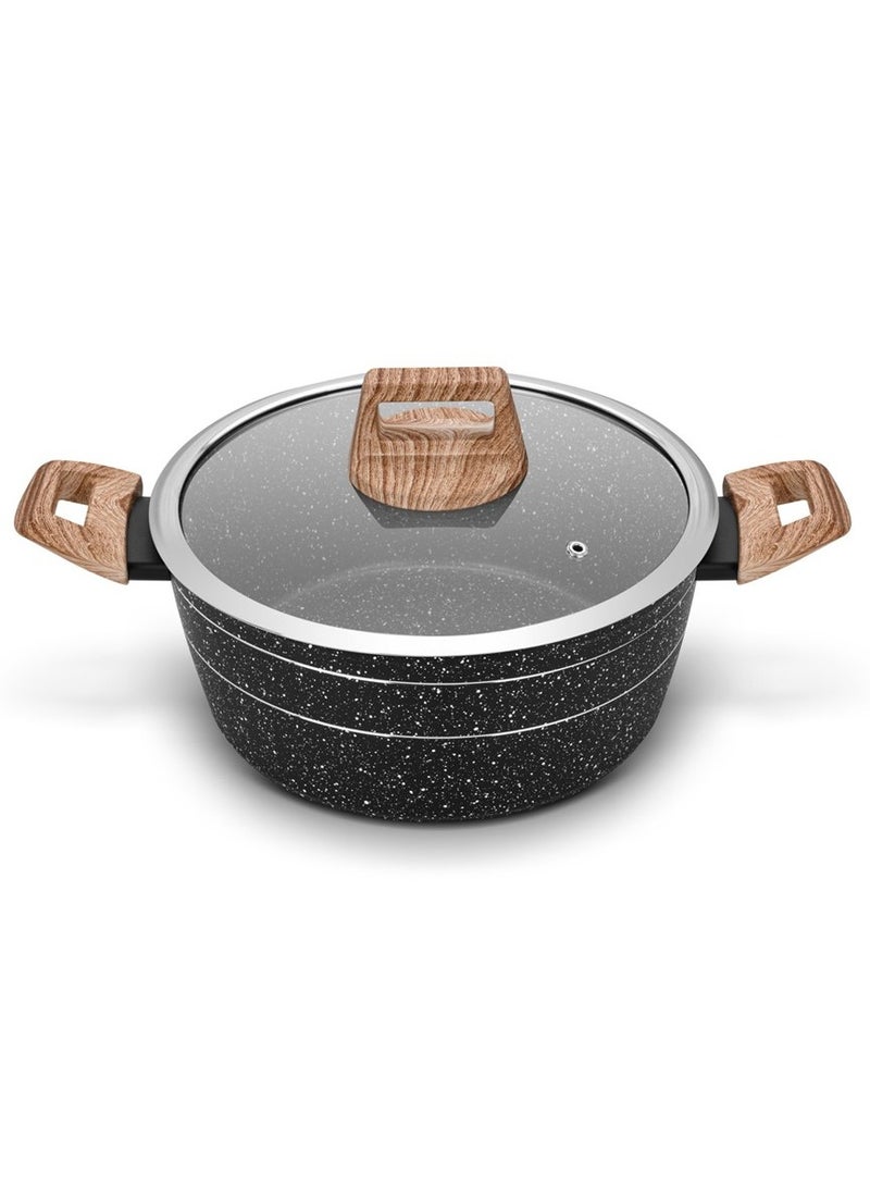 Auroware Non Stick 28cm Casserole with Glass Lid Black Forged Aluminium Dishwasher safe Durable and Strong Wooden Finish Handle - Image 1