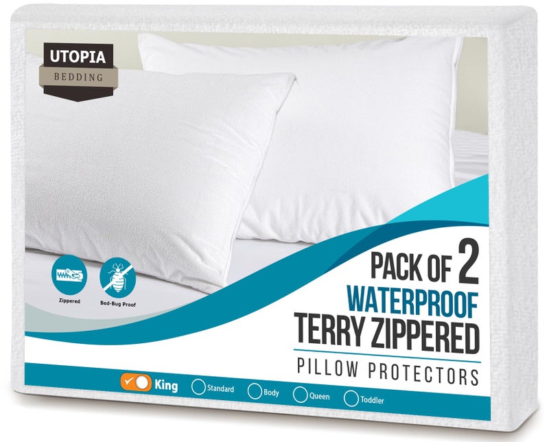 Utopia Bedding Set of 2 Waterproof Pillow Protectors with Zipper King Size, Terry Pillow Covers, Bed Bug and Dust Mite Proof Pillow Cases - Image 1