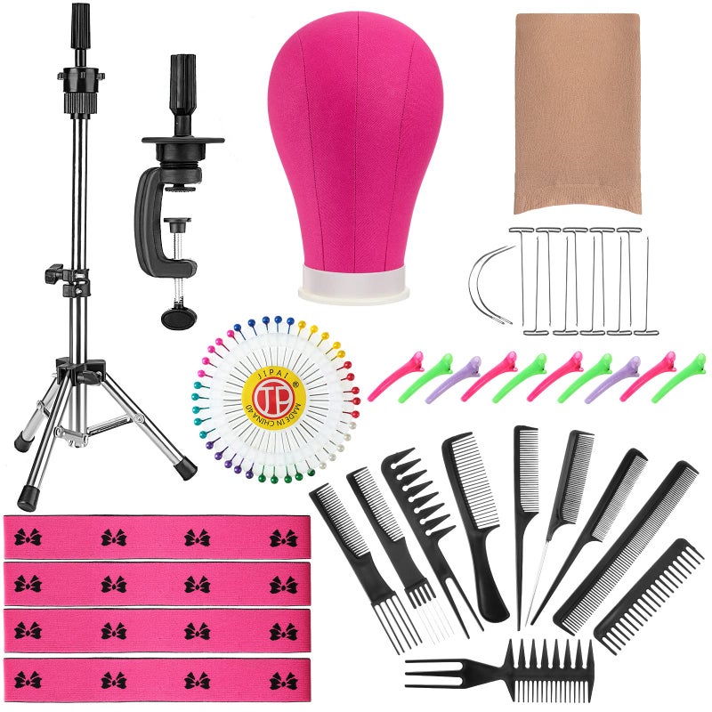 Yahenda Yahenda 23 Inch Wig Cork Canvas Block Head with Mannequin Tripod Head Stand Wig Holder Stand with Pins Wigs Making Kit and Supplies Accessories for Cosplay Making Wigs Styling Display Pink