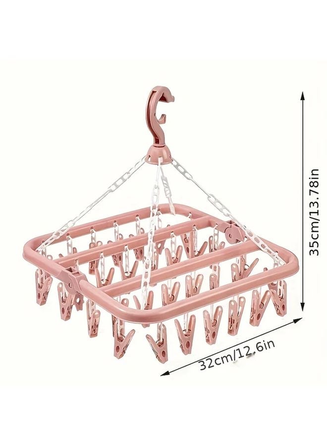 Pink Rotatable 32 Clip Plastic Clothes Drying Rack Space Saving Folding Hanger For Socks Underwear - Image 1
