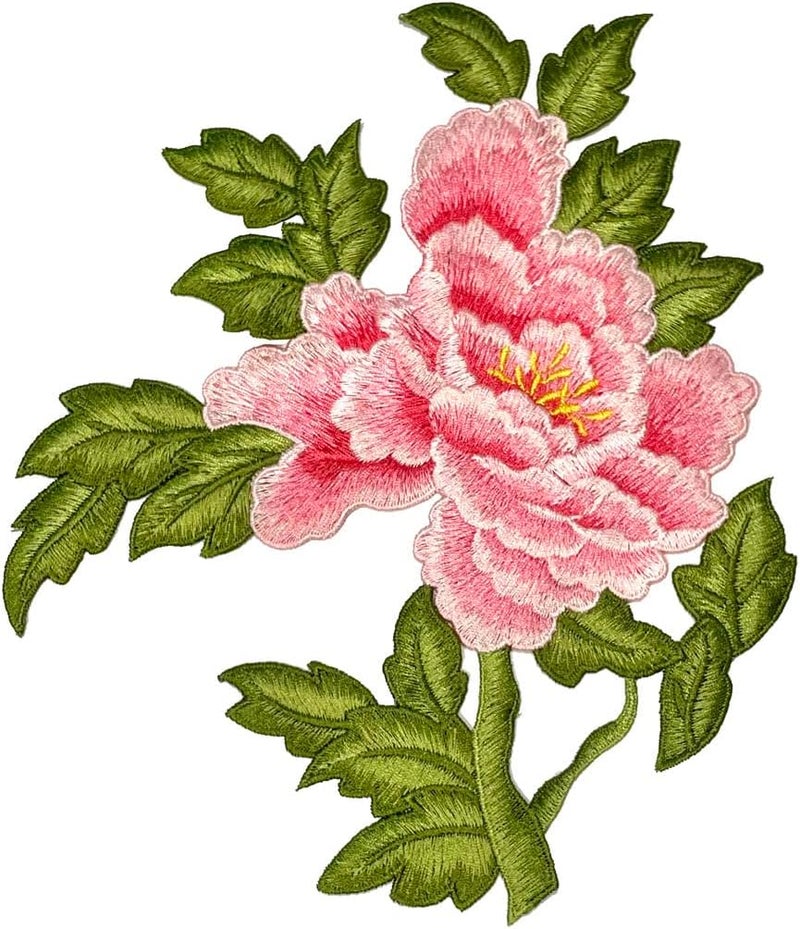 Sourcemall Sew on Peony Patches, Embroidered Flower Appliques for DIY Clothing, Jackets, Jeans, Backpacks, Hats, Arts Craft Sew Making (Pink Peony with Leaf L) - Image 1
