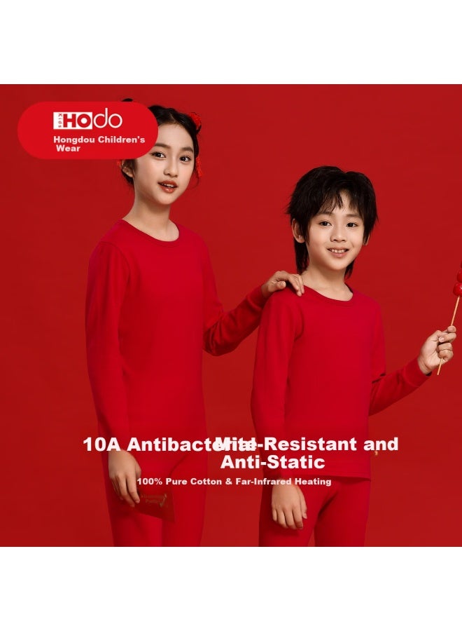 Hodo Children's Red Year Of Birth Warm Cotton Thermal Underwear Set For Boys And Girls Age 12 Year Of The Horse Autumn Clothes And Pants Set - Image 1