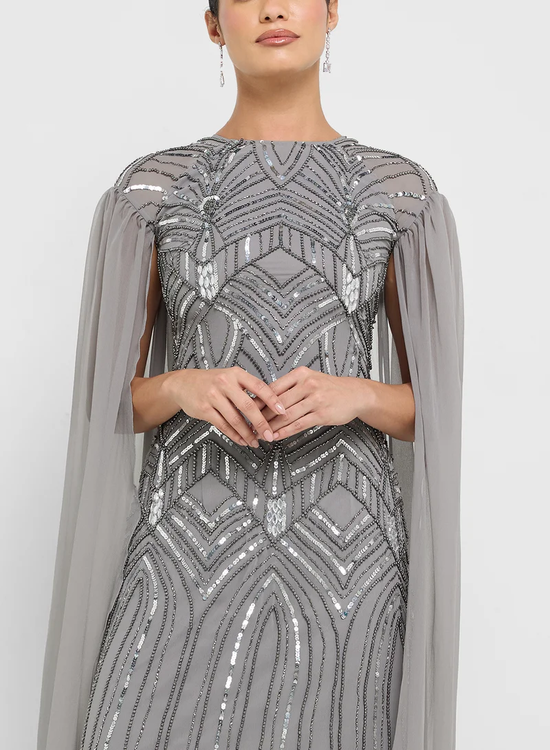 Amelia Rose Embellished Cape Sleeve Maxi Dress