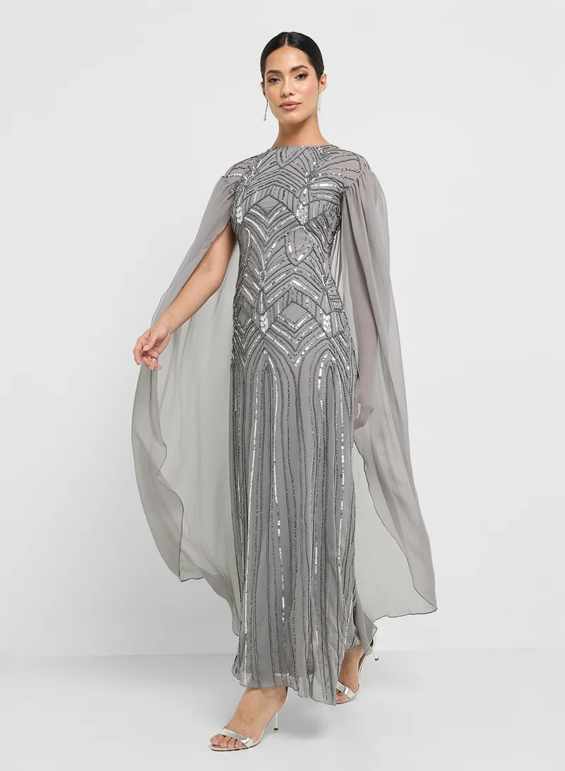 Amelia Rose Embellished Cape Sleeve Maxi Dress