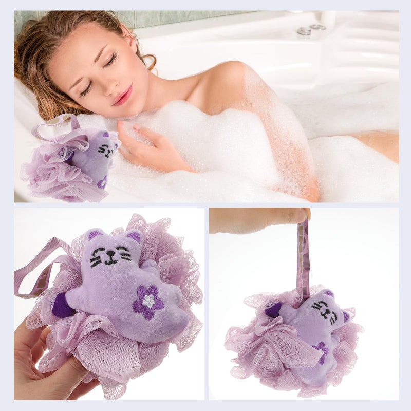 Cartoon Bath Sponge 2Pcs Set Body Exfoliating Scrubber Green Purple Loofah - Image 5