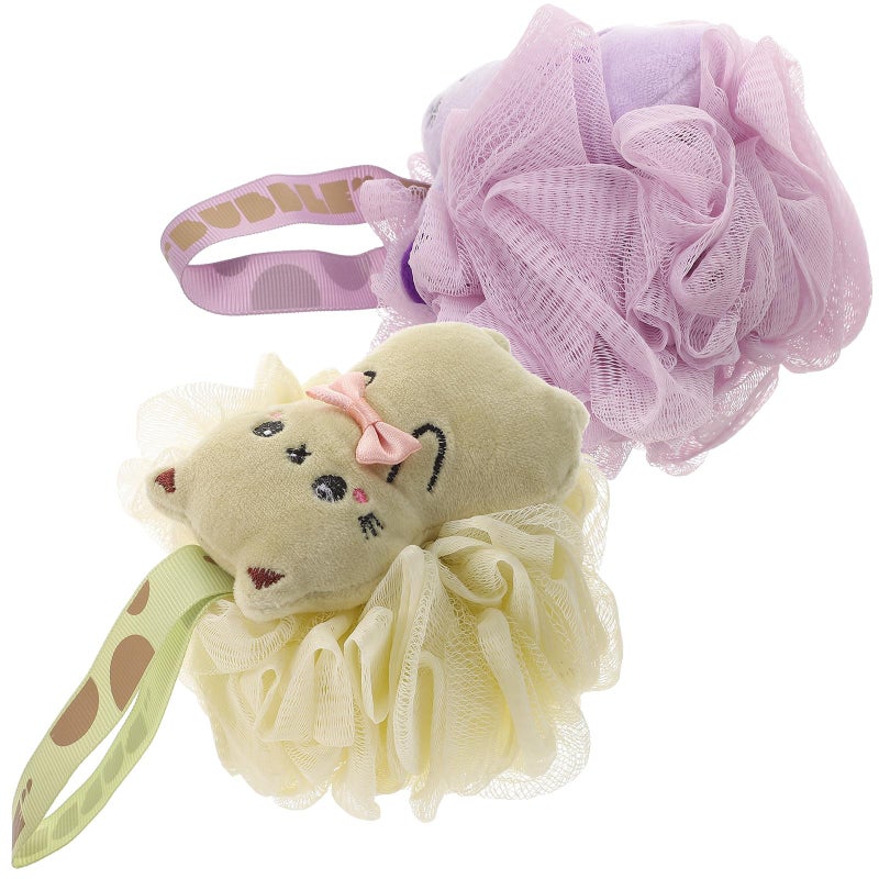 Cartoon Bath Sponge 2Pcs Set Body Exfoliating Scrubber Green Purple Loofah - Image 2