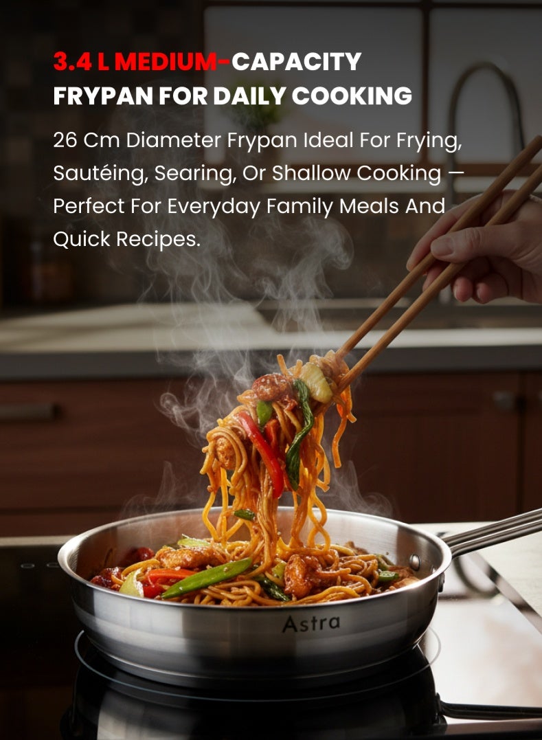 Astra Premium Stainless Steel Frypan 26 cm | 3.4 L Capacity | 18/10 Food‑Grade Steel | Triplex Capsule Bottom | Induction & Gas Compatible | With Lid - Image 3