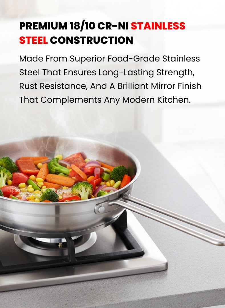 Astra Premium Stainless Steel Frypan 26 cm | 3.4 L Capacity | 18/10 Food‑Grade Steel | Triplex Capsule Bottom | Induction & Gas Compatible | With Lid - Image 2