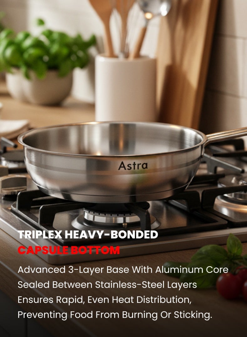 Astra Premium Stainless Steel Frypan 26 cm | 3.4 L Capacity | 18/10 Food‑Grade Steel | Triplex Capsule Bottom | Induction & Gas Compatible | With Lid - Image 5