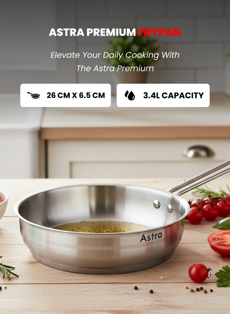 Astra Premium Stainless Steel Frypan 26 cm | 3.4 L Capacity | 18/10 Food‑Grade Steel | Triplex Capsule Bottom | Induction & Gas Compatible | With Lid - Image 1