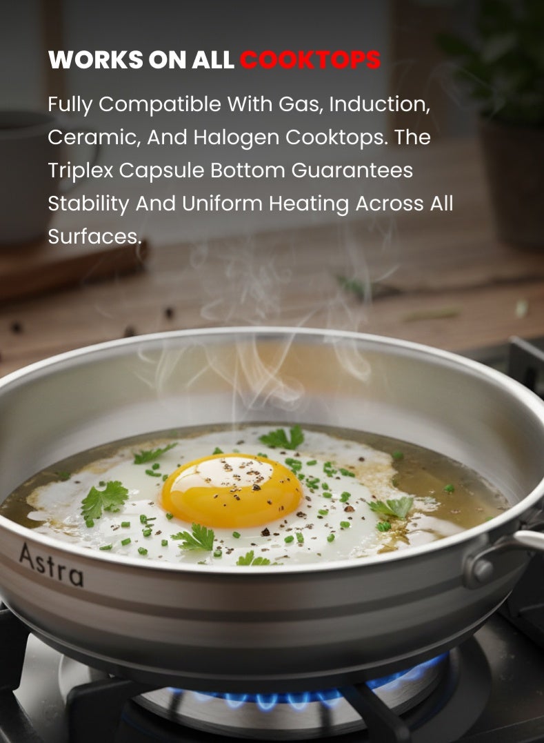Astra Premium Stainless Steel Frypan 26 cm | 3.4 L Capacity | 18/10 Food‑Grade Steel | Triplex Capsule Bottom | Induction & Gas Compatible | With Lid - Image 4
