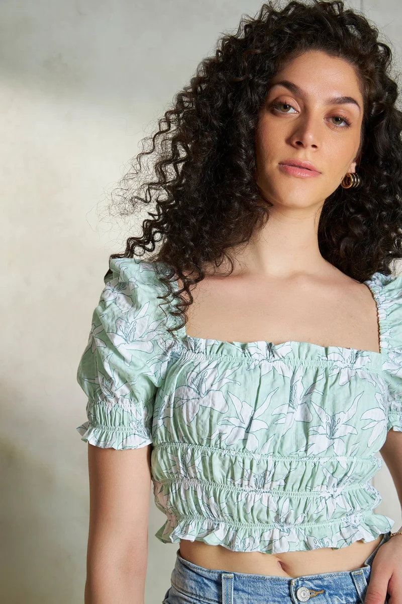 Virgio  VIRGIO 100% Cotton Green Floral Bustier Crop Top for Women | Best Price UAE