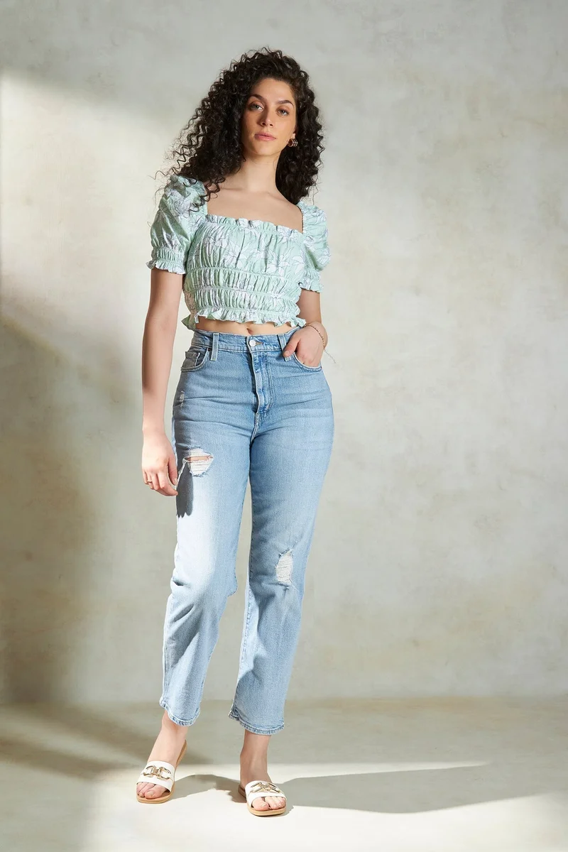Virgio  VIRGIO 100% Cotton Green Floral Bustier Crop Top for Women | Best Price UAE