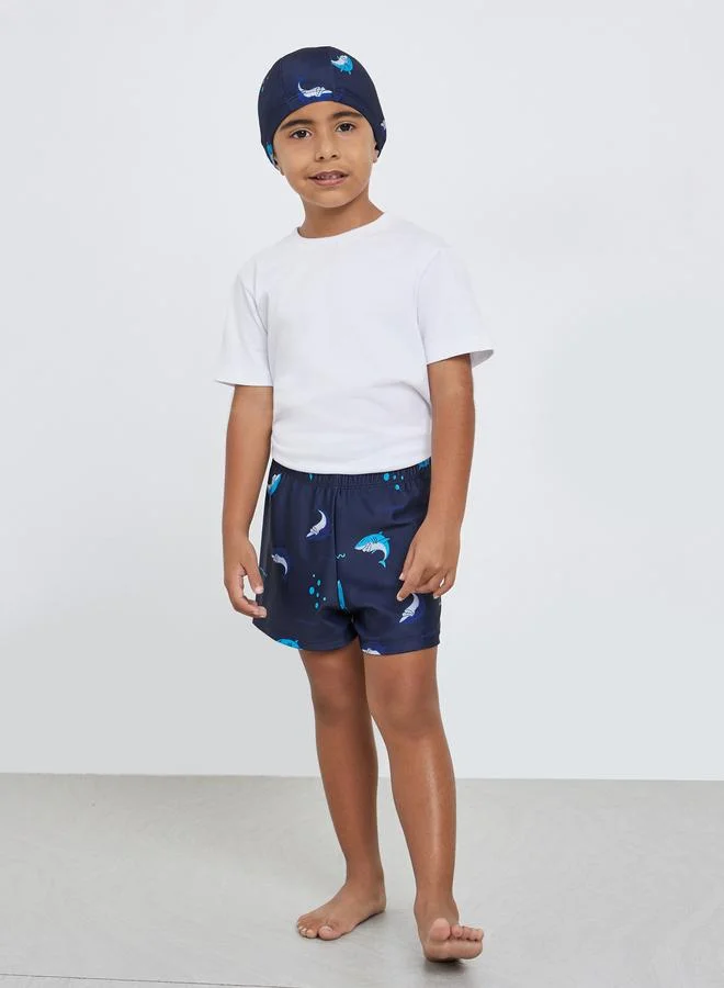 Styli Styli Boys Graphic Swim Shorts and Cap Set