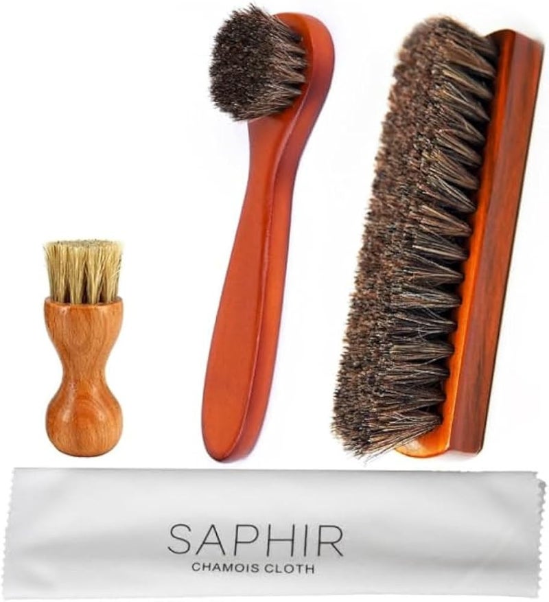 GARLUGAVA 4 Pcs Horsehair Shine Shoes Brush Kit Polish Dauber Applicators Cleaning Leather Shoes Boots Care Brushes Suede Cleaner Brush with Microfiber Shoe Cloth - Image 1