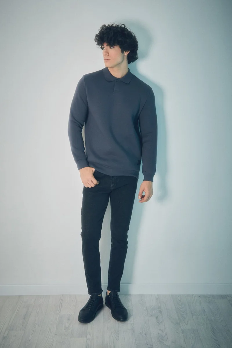 FullaModa Basic Polo Collar Buttoned Sweatshirt