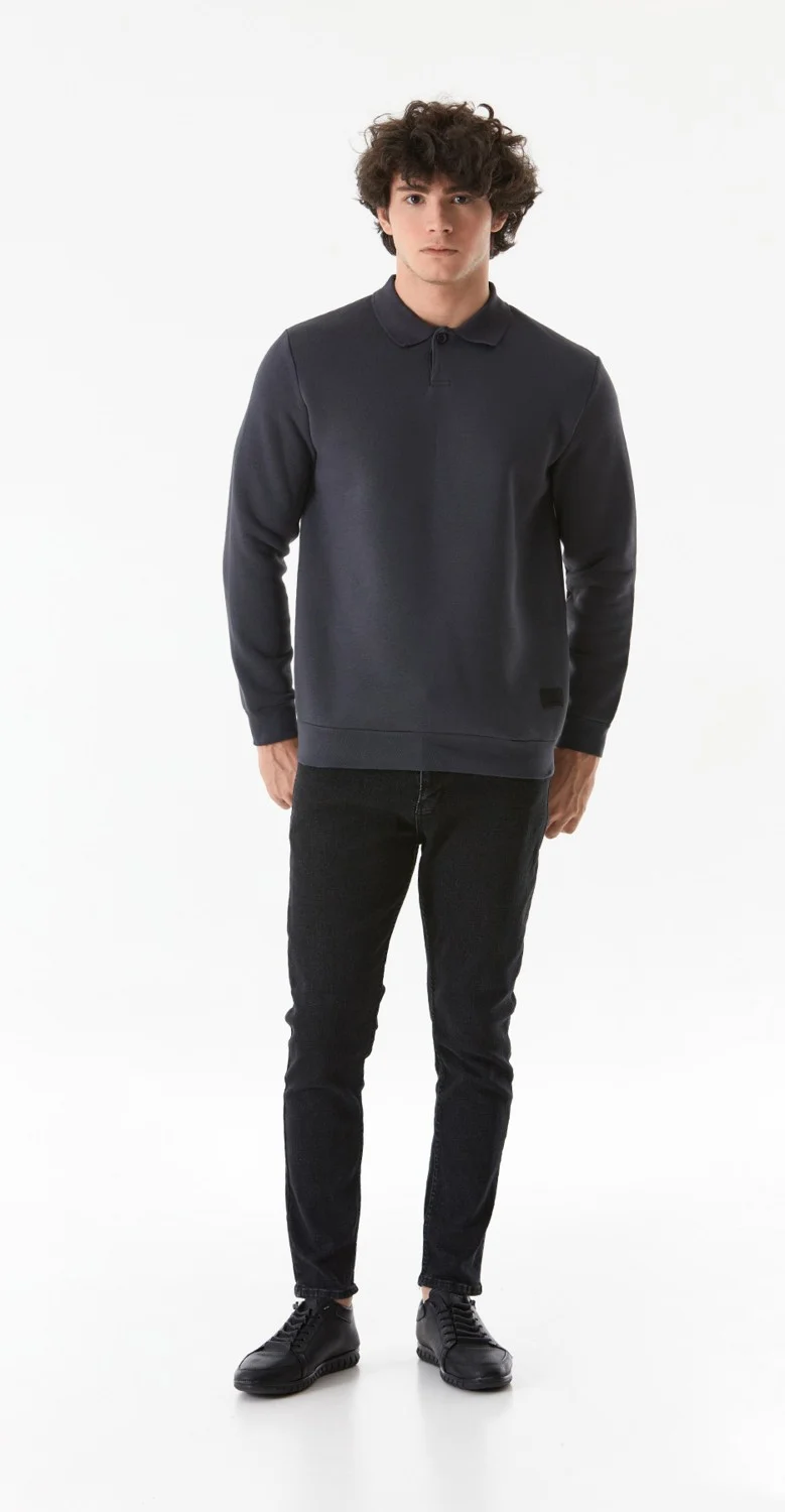 FullaModa Basic Polo Collar Buttoned Sweatshirt