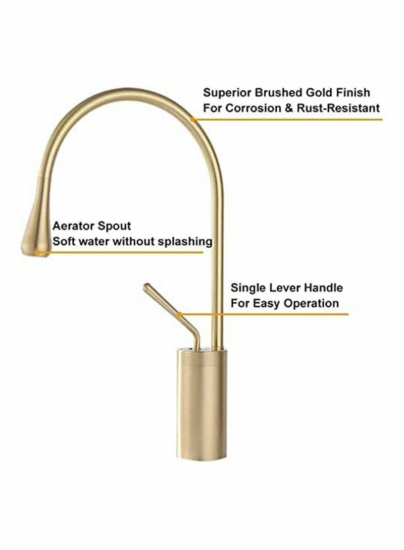 Y&D High Arc Single Handle 1-Hole Bathroom Vessel Sink Faucet Solid Brass Lavatory Vanity Faucet, Brushed Gold - Image 3