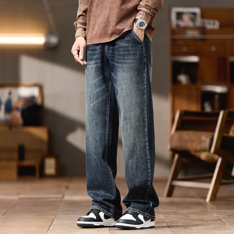 1091 # Plus-Size Men''s Autumn and Winter High Street Retro Jeans, Loose Versatile Stretch Straight Pants - Image 3