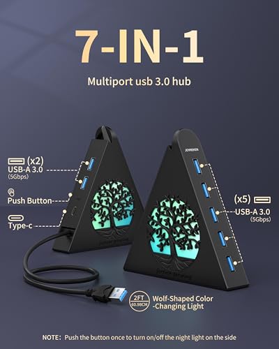 JoyReken 7-Port USB 3.0 Hub, Vertical USB Hub Splitter with RGB Lighting, 5Gbps High-Speed Data Transfer and 2FT Extension Cable, Compatible with Laptop, PC, Desktop, MacBook, PS5, Xbox, Flash Drive - Image 4