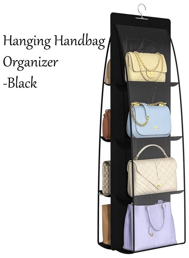 Handbag Hanging Organizer with 8 Pockets Foldable Oxford Cloth Hanging Purse Organizer Handbag Storage Hanger Closet Organizer for Family Closet Bedroom (Black) - Image 1