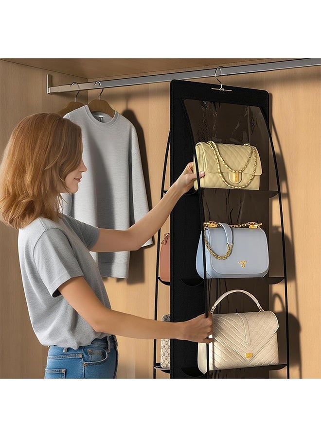 Handbag Hanging Organizer with 8 Pockets Foldable Oxford Cloth Hanging Purse Organizer Handbag Storage Hanger Closet Organizer for Family Closet Bedroom (Black) - Image 3