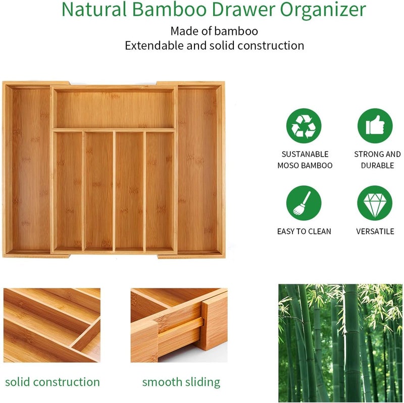 Utoplike Kitchen Bamboo Cutlery Tray, Extendable Drawer Divider, Wooden Drawer Organiser for Utensils, Flatware, Office Supplies, Tools Holder in Livingroom, Bathroom - Image 5